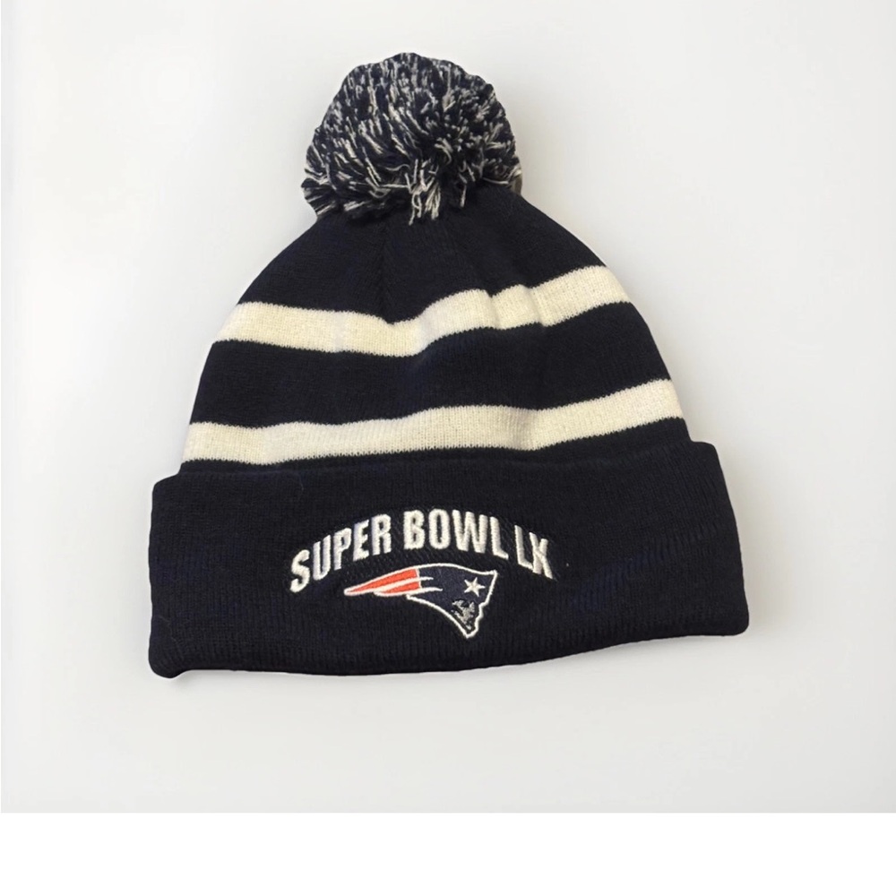New England Patriots Super Bowl LX Knit Pom Beanie - Navy/White Stripe
